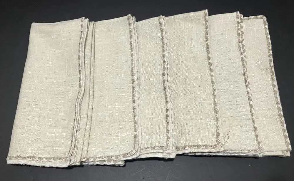 Linen-Look Cloth Napkins Set of 6 Beige Vintage Hemstitch Edge Table Linens